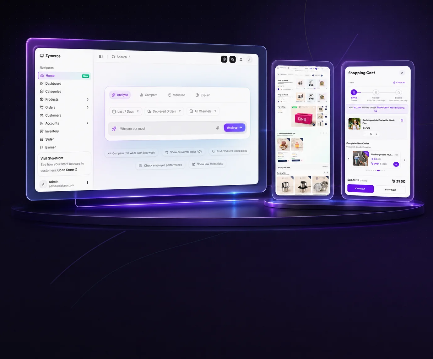 Zymerce AI Native Commerce showcase: commerce dashboard, mobile storefront and shopping cart
